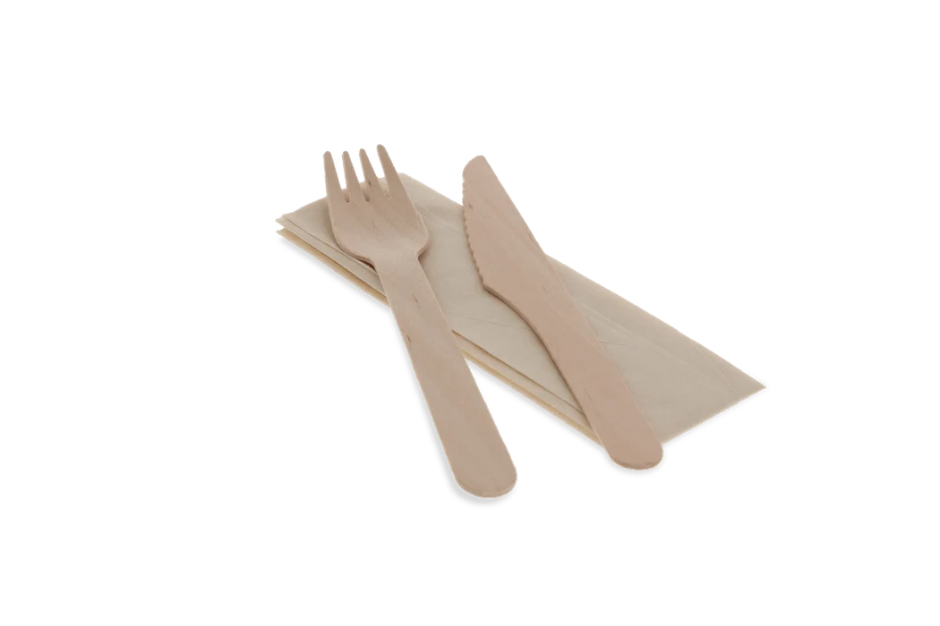 Holzbesteck-Set mit Messer, Gabel & Serviette