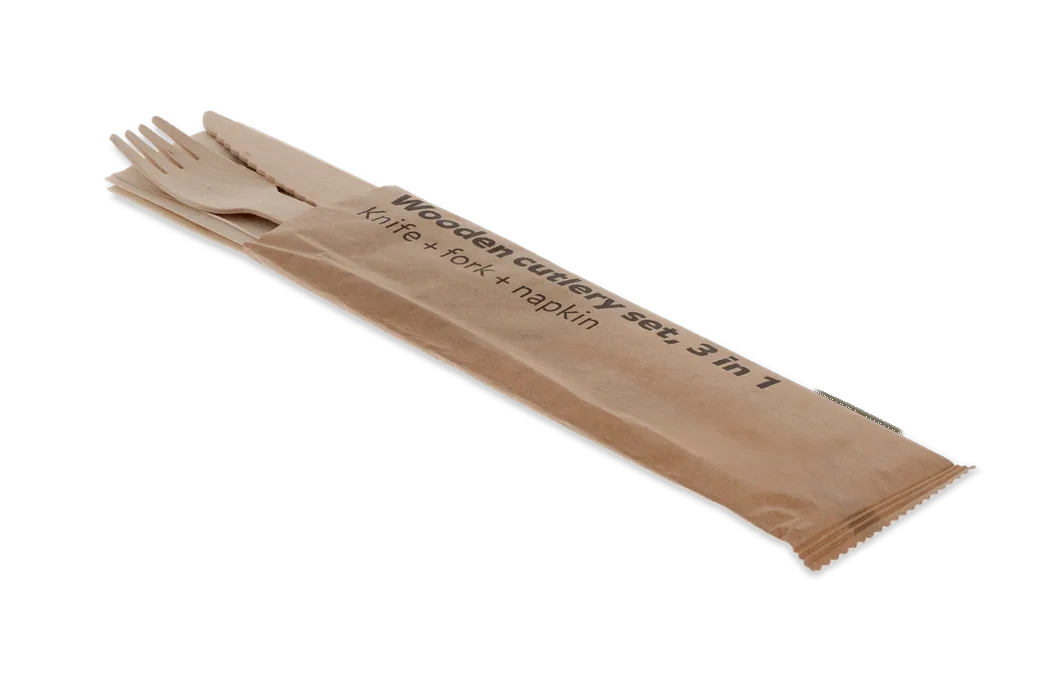 Holzbesteck-Set mit Messer, Gabel & Serviette